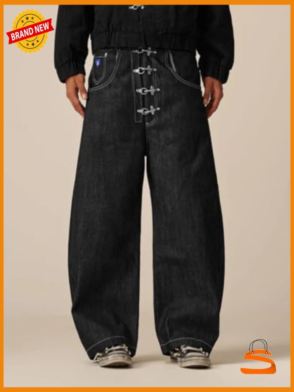 Metal Button Raw Barrel Jeans Baggy Wide Leg Denim Y2K Streetwear Pants - Picture 3 of 7